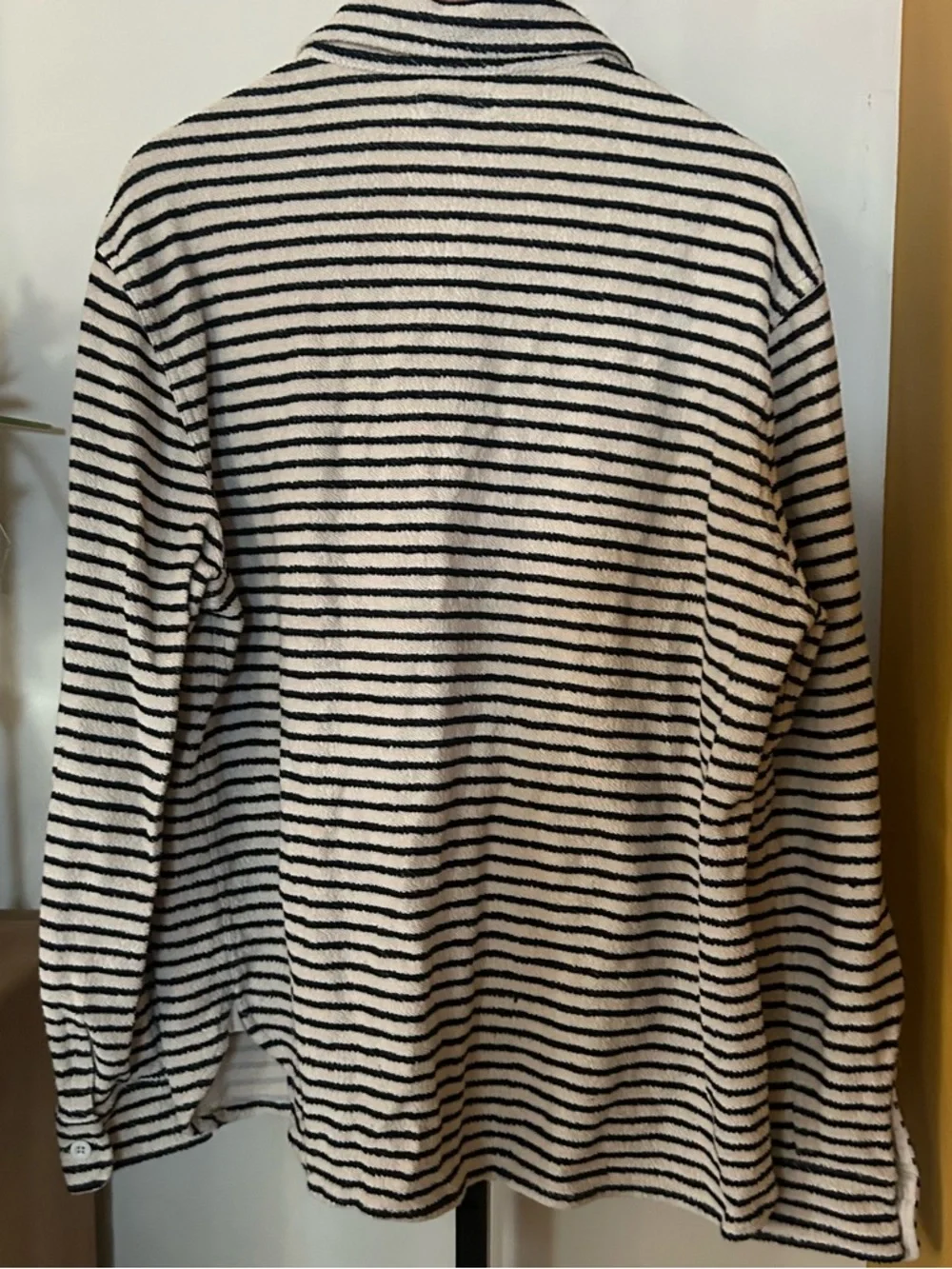 J. Crew Knit Goods Men's XL French Terry Striped Button Up Shirt Navy Blue White